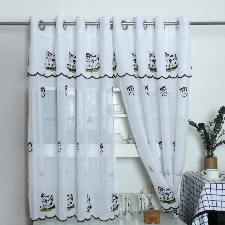 Farmhouse Lovely Embroidery Cute Milk Cow Linen Look Kitchen Cafe Short Window Curtain Sets For The Kitchen