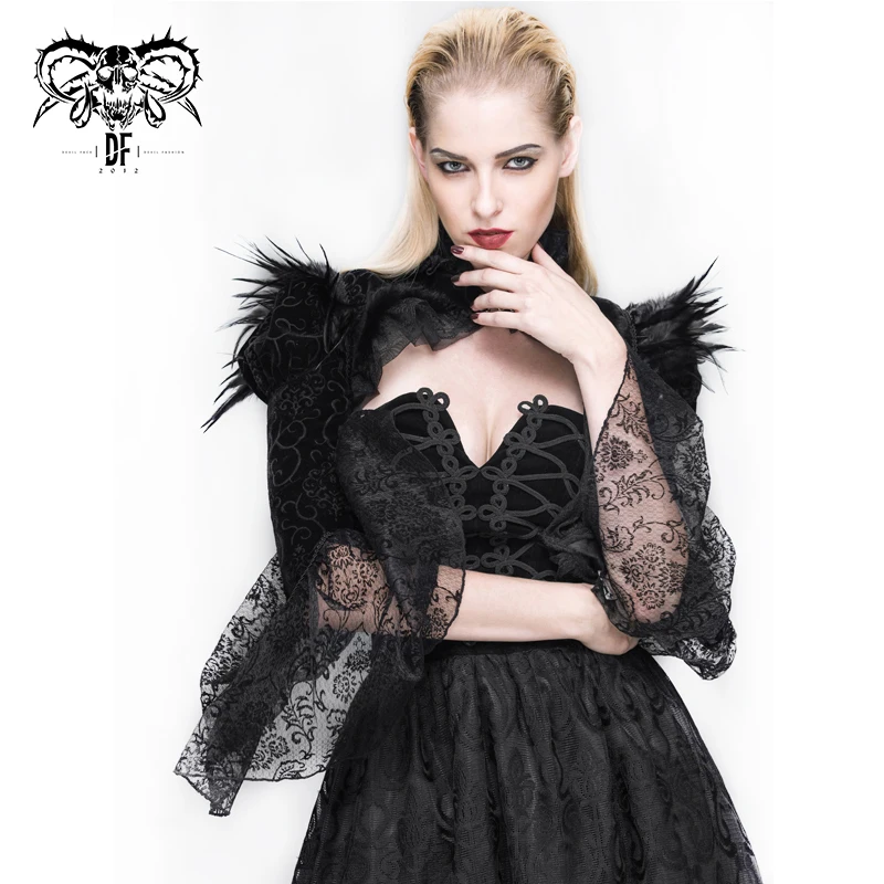 CA005 Devil fashion women black velvet Gothic lace cappa with feathers