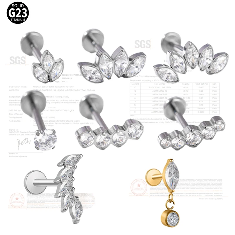 Gold Body Jewelry Titanium Zircon Thread ASTM F136 Titanium Labret G23 Piercing Jewelry Lip Studs Earring Piercing De Titanio