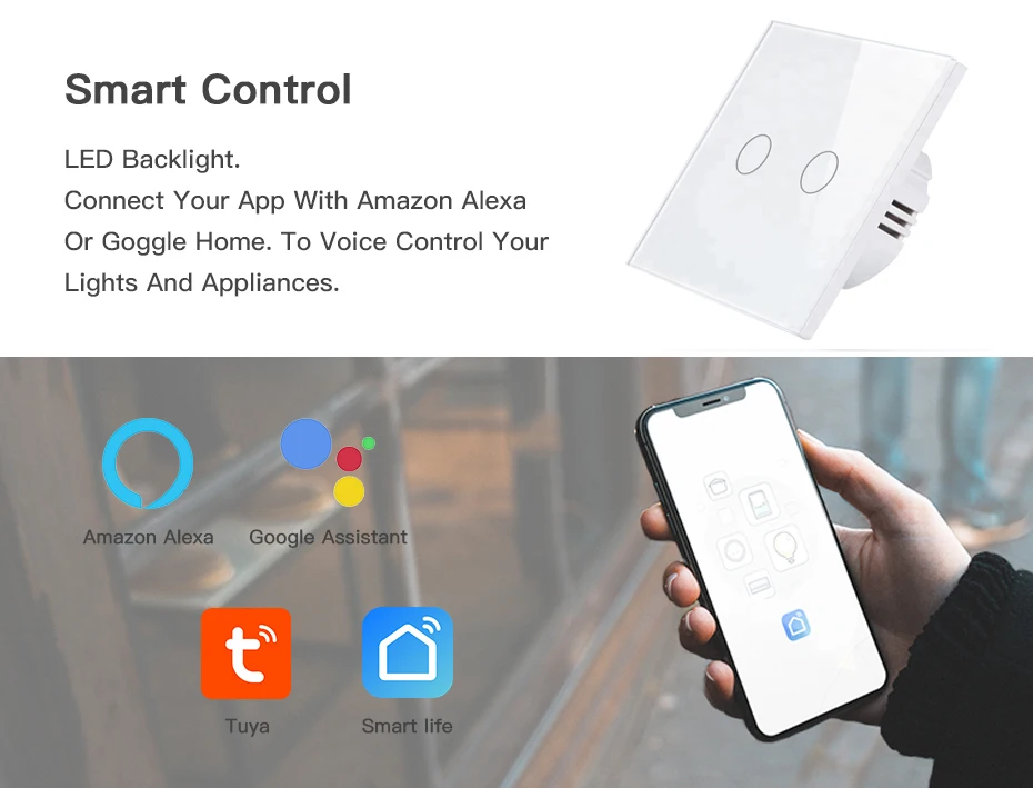EU Tuya wifi remote control switch with  Wire White for Google Home  Glass Panel Sensor smart wall light switch