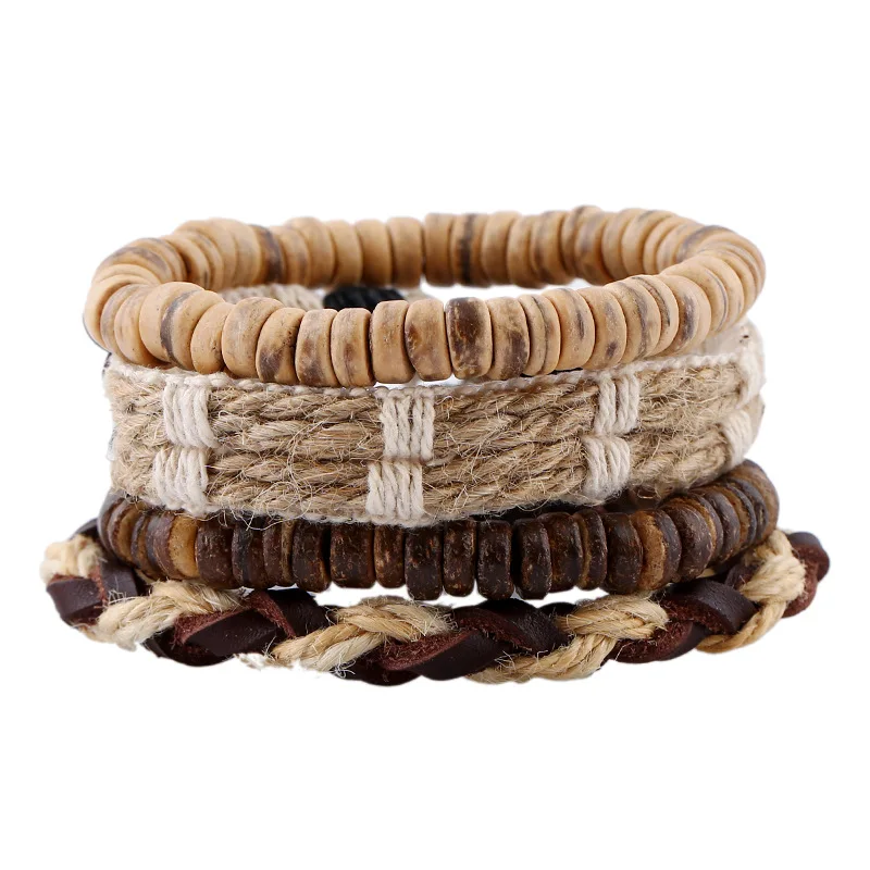 Wholesale vintage Jewelry DIY Woven Bracelet Coconut Shell Hemp Rope Leather Bracelet For Men And Women 4 pcs /set bangles