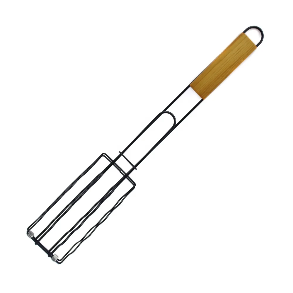 Long handle black non stick hot dog grill basket bbq grill mesh grills