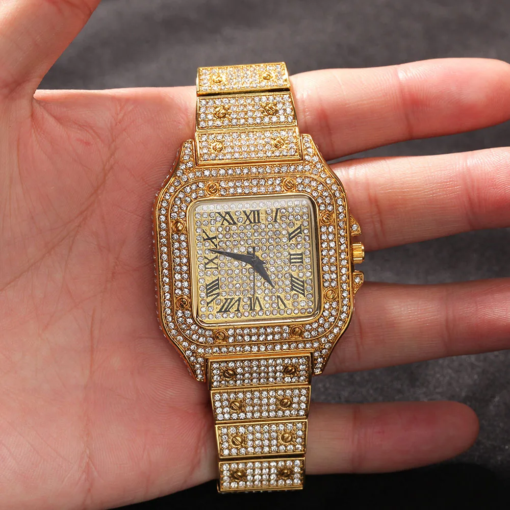 Wholesale Hip Hop Deluxe Men Wrist Quartz Watch Shinning Diamond Bling Bling Full Gemstone Iced Out Gold Plated Women Watches