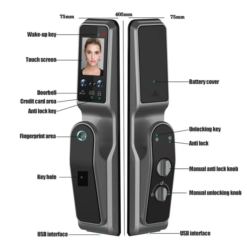 Tuya Wifi Fingerprint Recognition Smart Door Lock Cat Eye Automatic Face door lock with Camera Capture Function