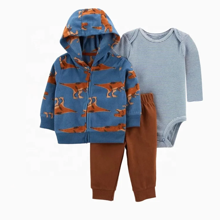 Best prices boy newborn cute Zip jacket Hooded long sleeve coat romper pants winter 3 pieces set baby clothes