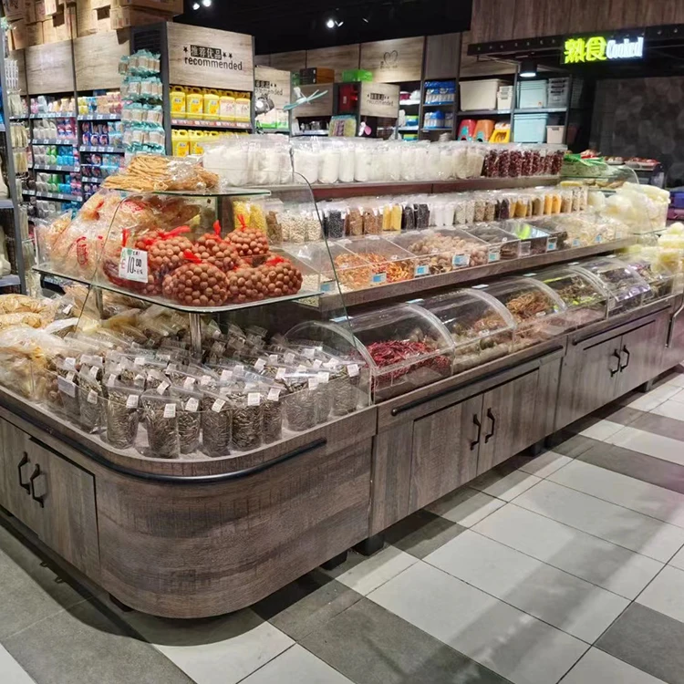 Customized supermarket dried fruit display stand gondola shelf snack island display candy display stand