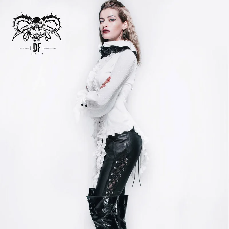 SHT00202 Devil fashion lotus leaf collar elegant women lace up white gothic chiffon blouse