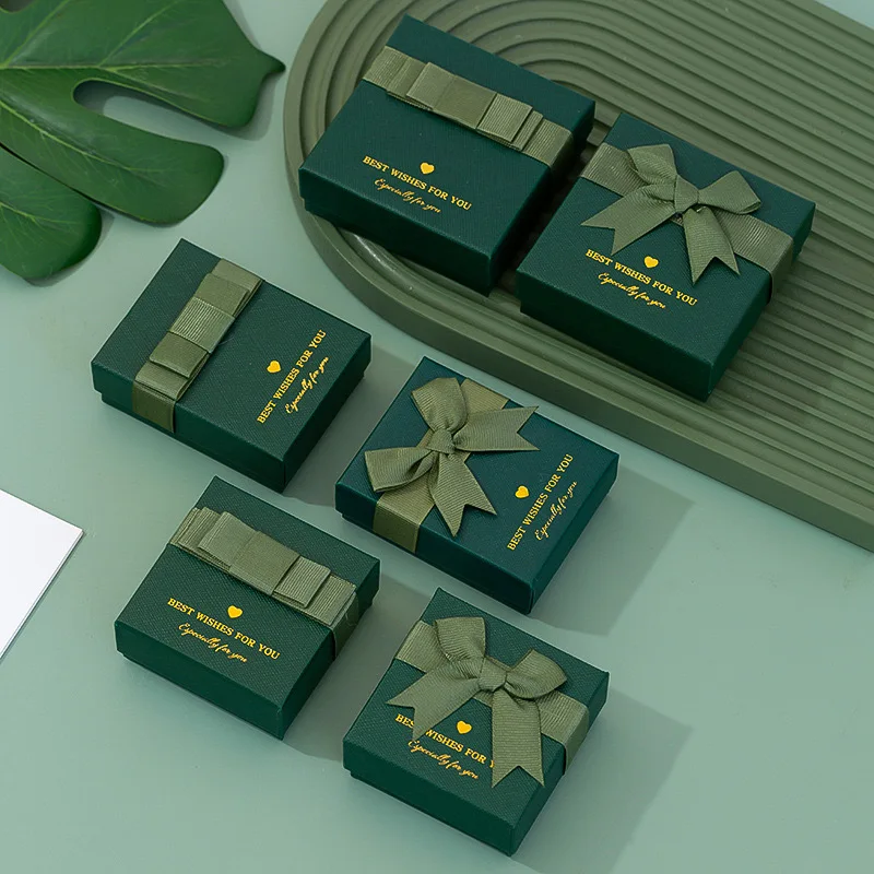 Luxury Dark Green Paper Cardboard Necklace Bracelet Rings Earrings Pendant Gift Paper Packaging Box for Jewelry with Bowknot