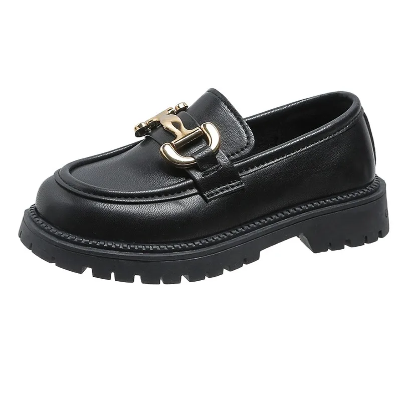 British Style Fashion Teenagers Girl Shiny & Metal Black Party Shoes Kids Girl Chunky Heel Loafer Shoes