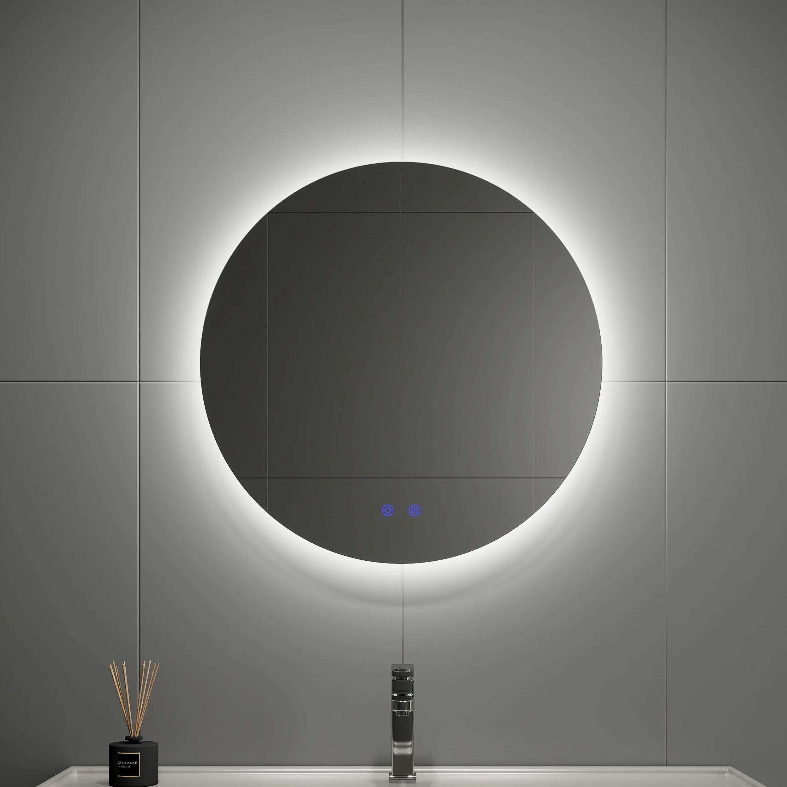 Stepless Dimmable Anti Fog 60cm Backlit Silver Smart Lighted Vanity With Lights Modern Round Led Round Bathroom Mirror 24 Inch