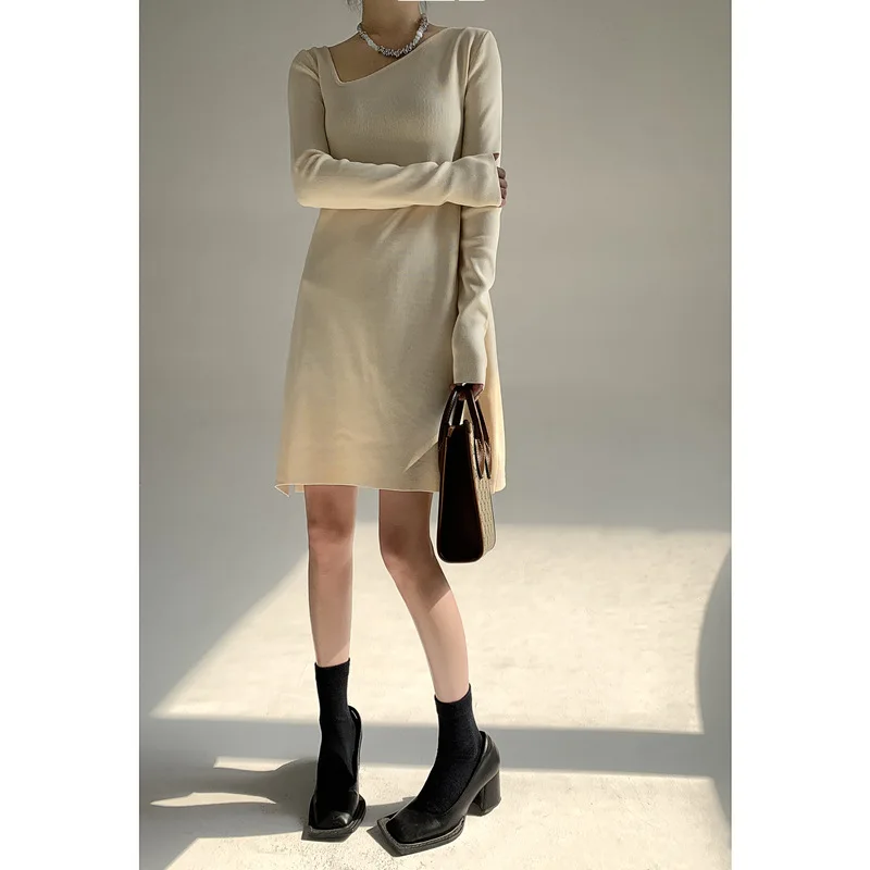 Soiling pure color asymmetrical neck pullover knitwear elegant Design sense niche knit dress women long sleeve base skirts