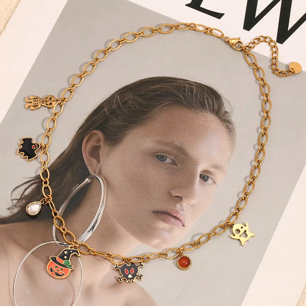 Cartoon cute pumpkin Grimace Bat pendant Stainless teel gold plated Halloween element pendant necklaces