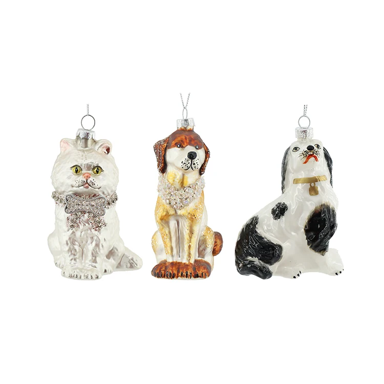 Custom Christmas Animal Bauble Hand Painted Luxury Glitter Glass Dog Pendant Ornaments Decoration Christmas Tree