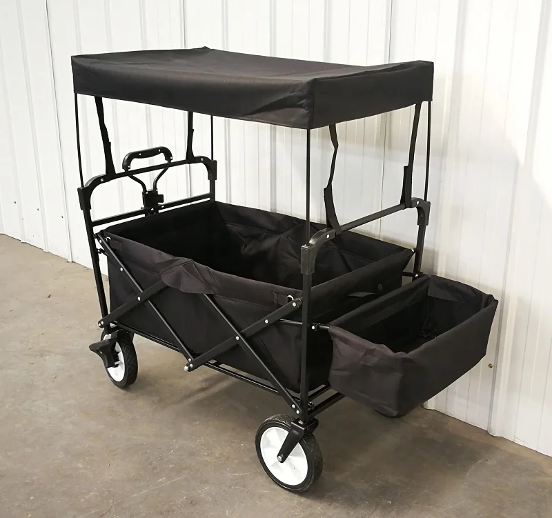 Outdoor Camping Cart with Adjustable Handle Bar, Folding Trolley Utility Picnic Wagon Have Sun/Rain Shade