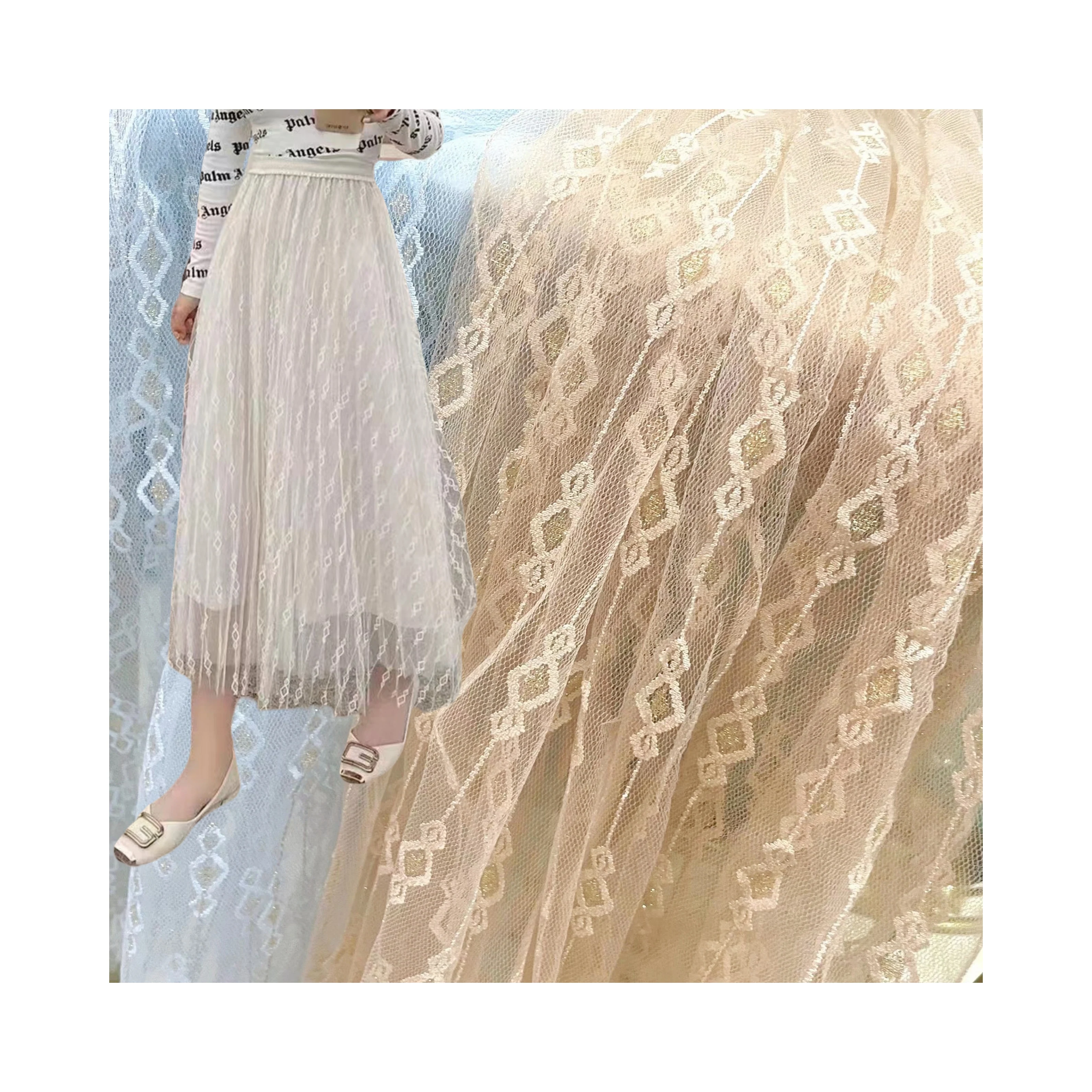 Nylon Gold Diamond Mesh Jacquard Tulle Net Premium Lace Fabric for Elegant Dresses