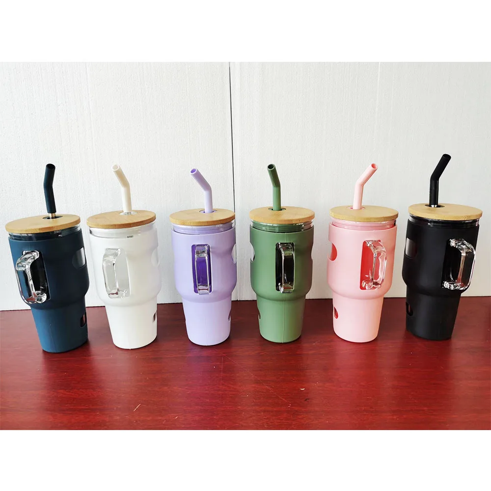 32oz 40oz 50oz glass jar water bottle with time marker  glass cola can travel tumbler with bamboo lid and straw mug