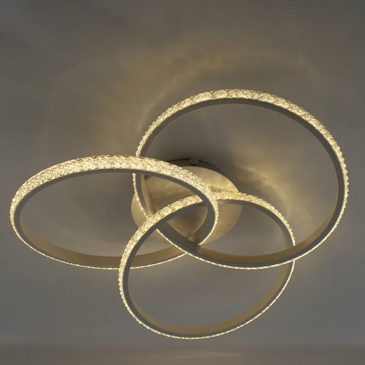 factory newest dimmable bright bedroom living room 3 round crystal ring white metal modern pop 60W led ceiling light