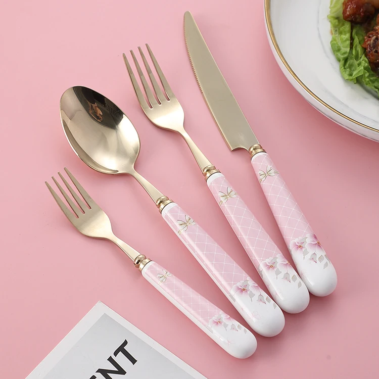 Good materials cute porcelain handle gold spoon fork set luxury kitchen stainless steel cutlery set