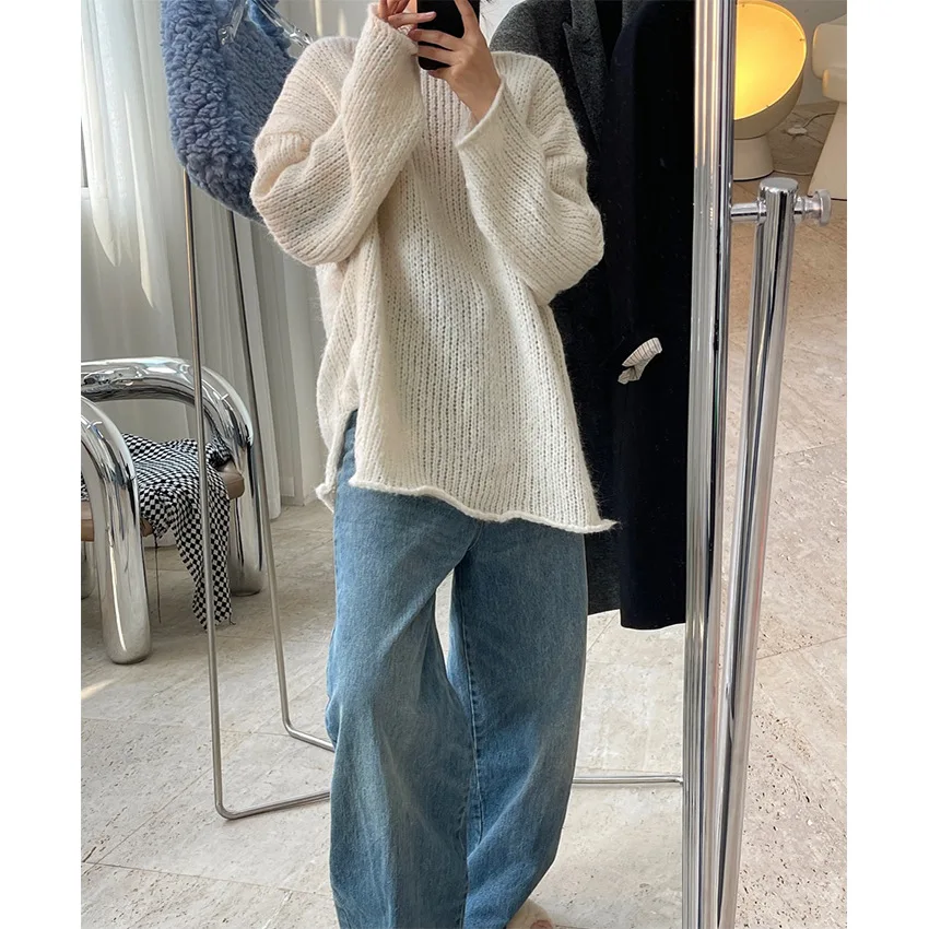 Spring Pullover Sweater O-Neck Casual Top in Solid Pattern Thick Needle Long and Knitted in Polyester