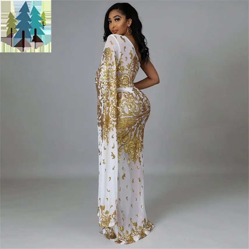 Mesh Sequin Maxi Bridal Gowns Wedding Dress Vestido De Gala Elegant Africa Femme Modest Evening Dresses One Shoulder Sleeveless