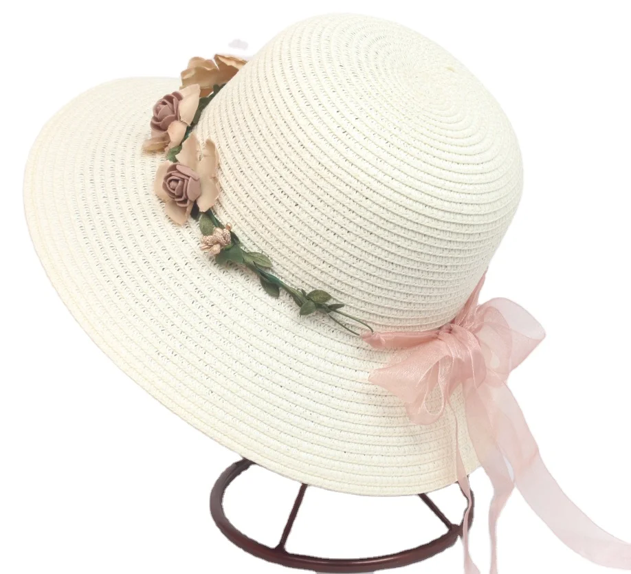 Lady Round Top Wide Brim Straw Hats UV Protection Plain Beach Straw Hats