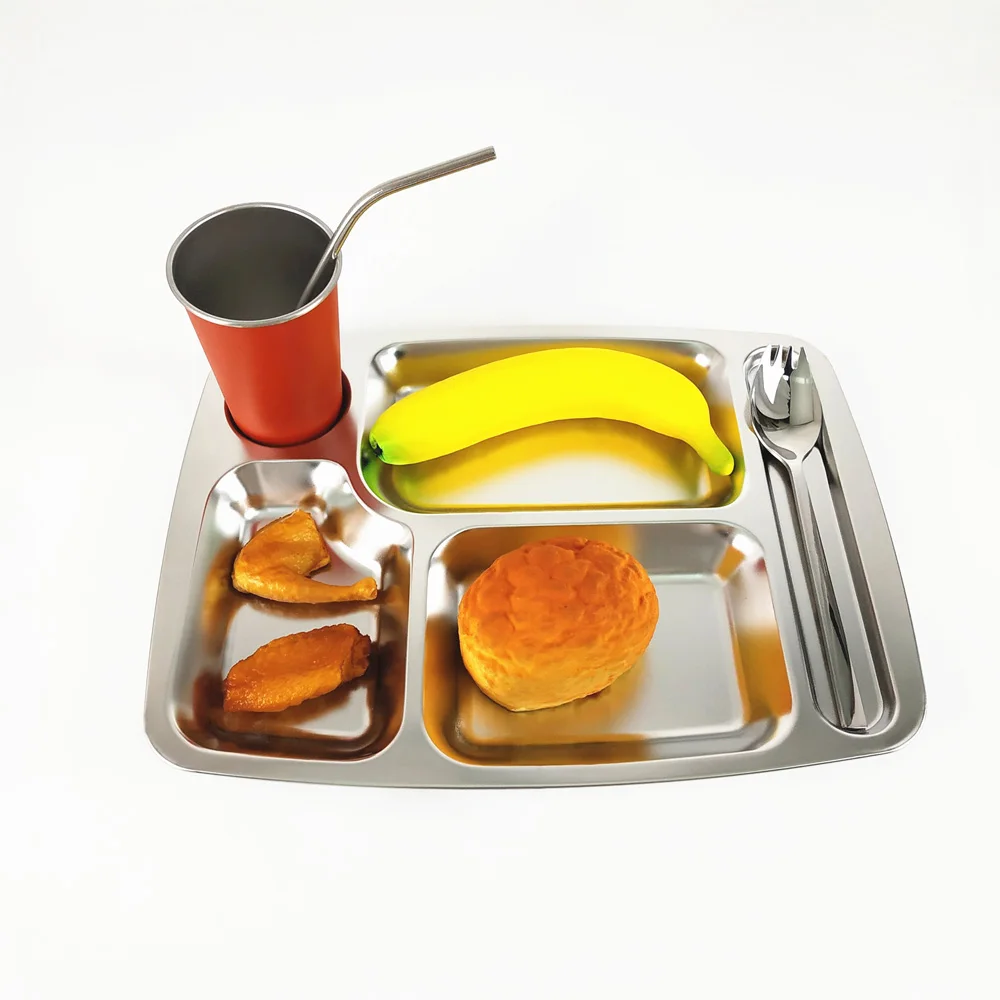 LIHONG 304 Stainless Steel 5 Compartments Indian Thali Lunch Tray School Fast Food Canteen Divided Dinner Mess Plates With Lid