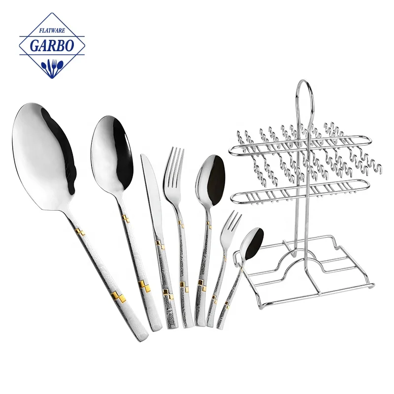 Middle East Egypt tableware 201 gold laser stainless steel spoon and fork 32pcs cutlery sets with hanging holder stand