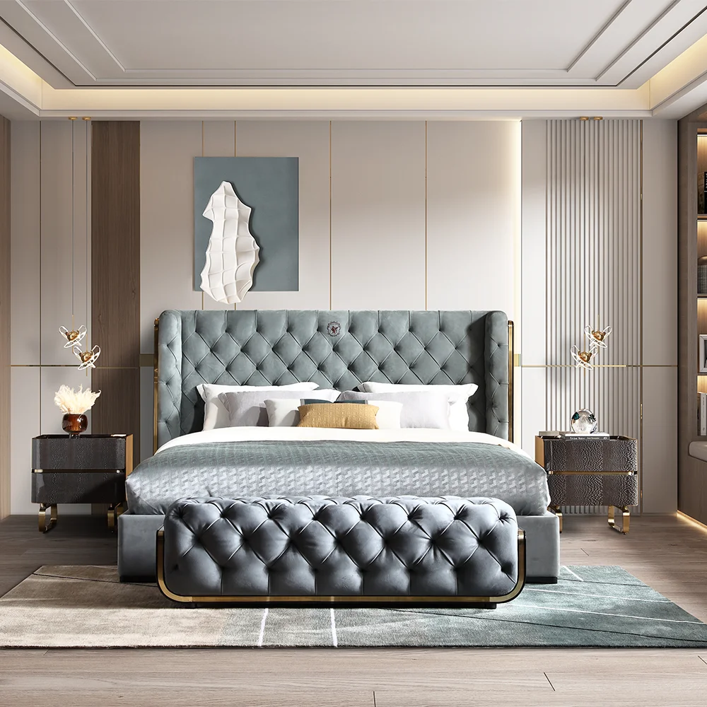 ANCIENT Customized Modern Luxury Bedroom Furniture Queen/King Size Bed Sparkly Crushed Diamond Mirrored Bed Frame For Home Hotel