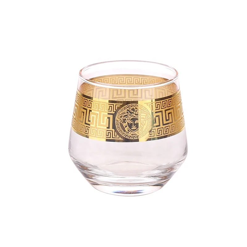 Factory Luxurious High-end Brand LOGO Customized Design Ion-plating Golden Rim Decal Hand Blown Crystal Glass Water Drinking Cup