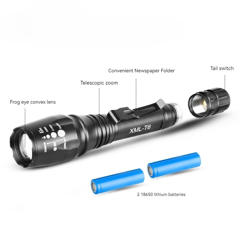 Dual Section T6 Pen Buckle High Power Flashlight LED Long Range Telescopic Zoom Flashlight Handheld Tactical Torch Flashlight
