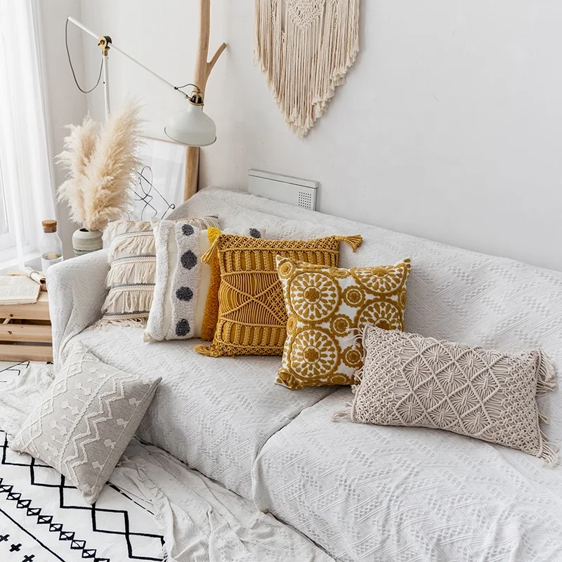 Monad Handmade Crochet High Quality Decor Knit Cotton Luxury Moroccan Style Throw Pillow Case Cushion Covers With Tassel