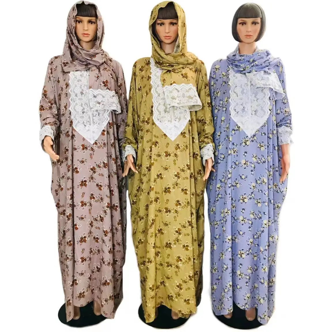 High Quality Middle East Islam Prayer Clothes Muslim Women Lace Abaya Dress for Pray with Scarf