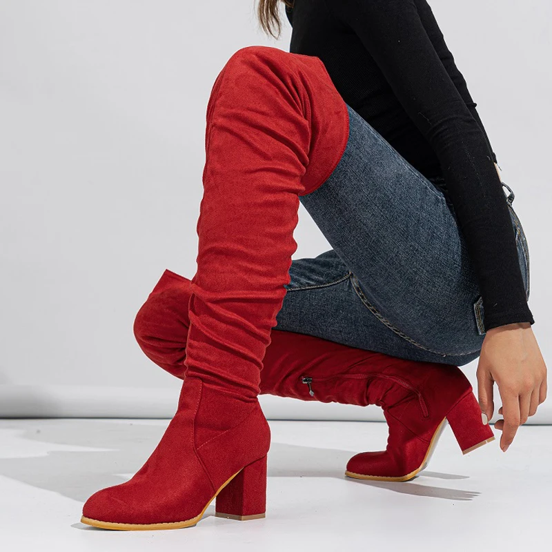 Black Women Shoes Fashion Square Heel Mature Zipper Wine Cup Solid Rome Over-the-Knee High Pleated Boots 2023 New Spring/Autumn