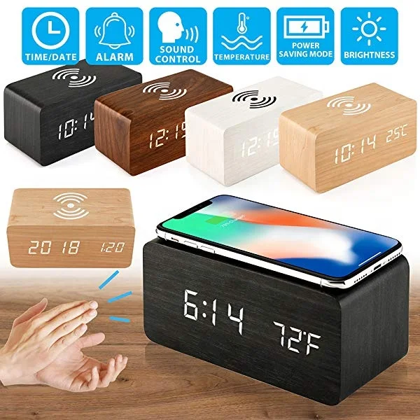 EMAF hot-sale Mobile phone Qi wireless charging wooden alarm clock with temperature date display