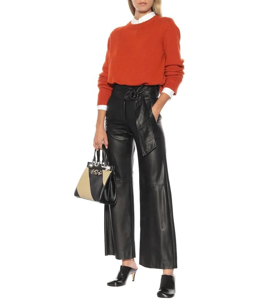 Wholesale elegant casual leather pants high waist wide leg pants for ladies