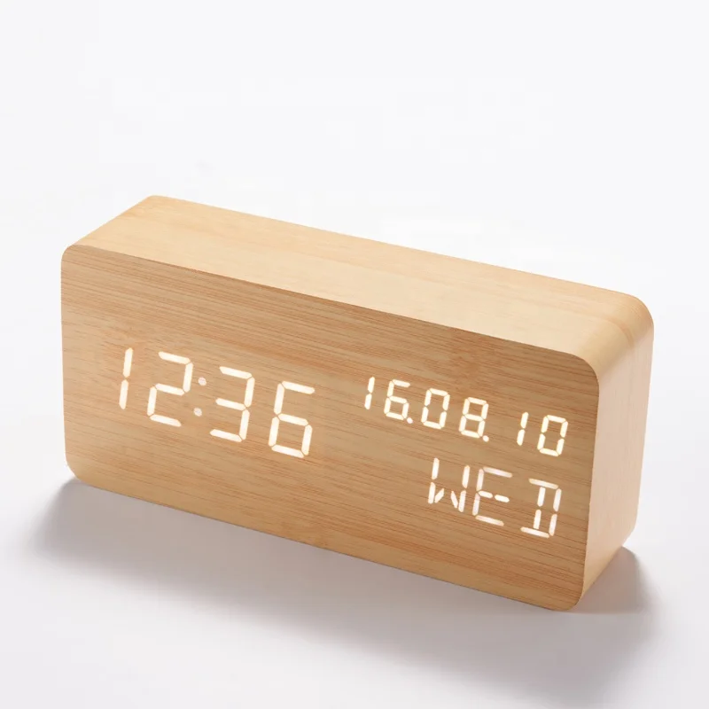 KH-WC004 Custom Printed Calendar Date Display Table Digital LED Alarm Wooden Clock with Day Of The Week