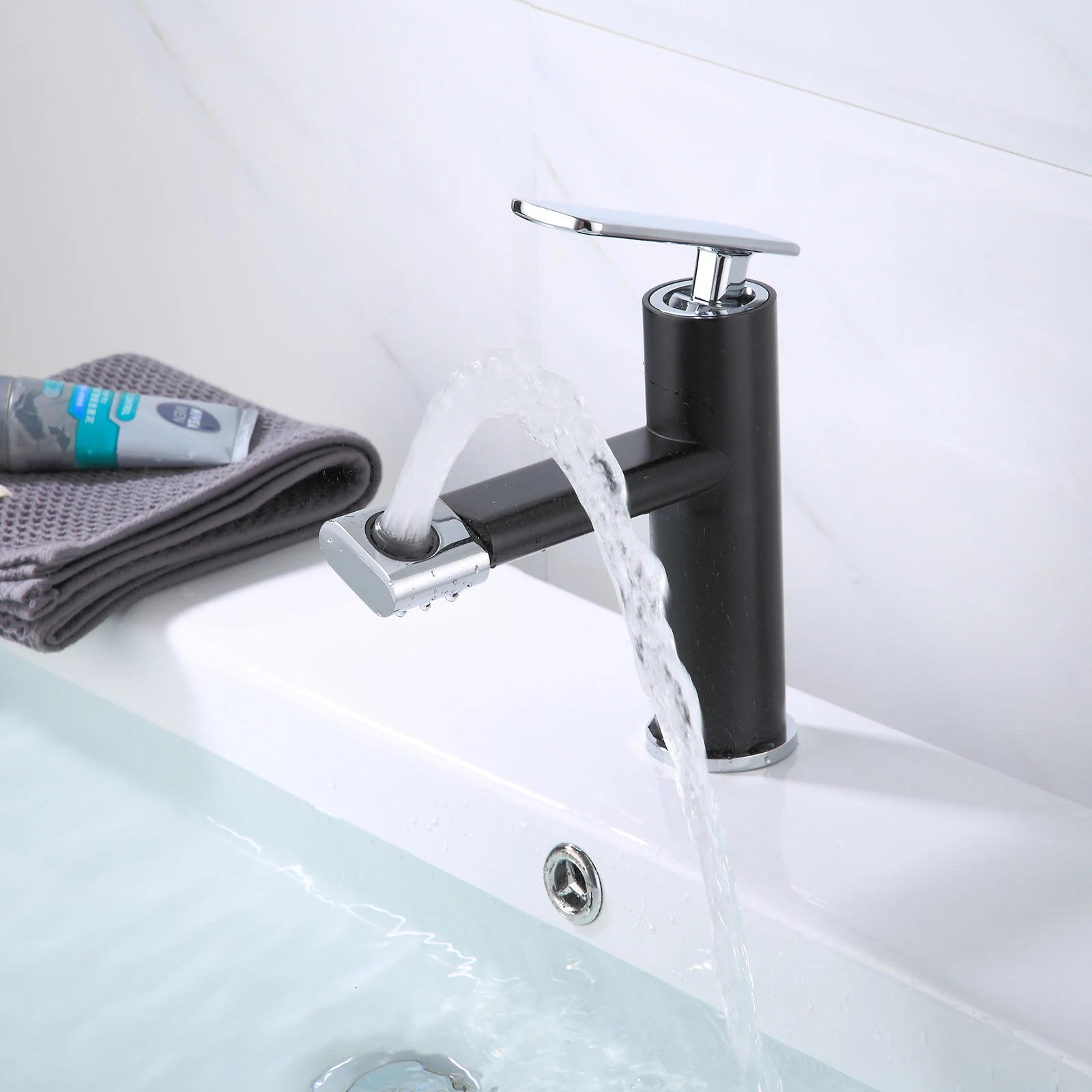 Hot Selling Basin Mixer Faucet Chrome Bathroom Faucet Hot Cold Water Mixer FLG with 360 Degree Rotation Faucet Spout Sink Black