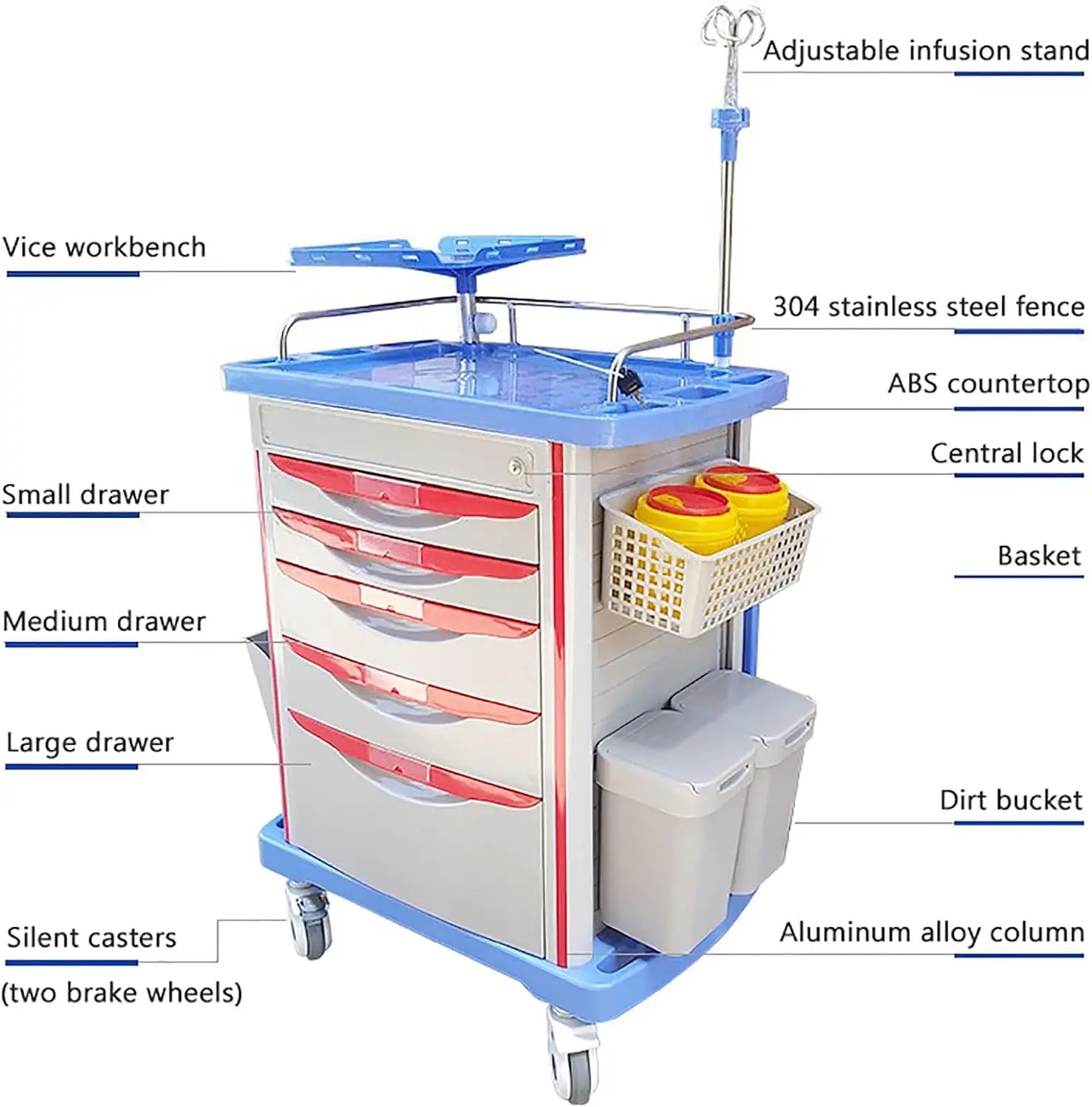 OEM Wholesale Color Medical Clinic Anaesthesia Drugs Hospital Emergency Trolley Nursing Crash Cart