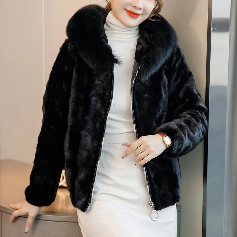 Lady Girl Luxury Fox Fur Warm Short Jacket Women Mink Fur Collar Winter Short Hooded Coat Overcoat Parka JT3235