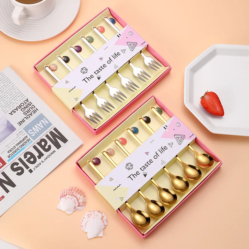 New 304 Stainless Steel Coffee Spoons Fruit Forks Gift Box Set of 6 Creative Shell Dessert Picks Household Cake Fruit Fork Spoon