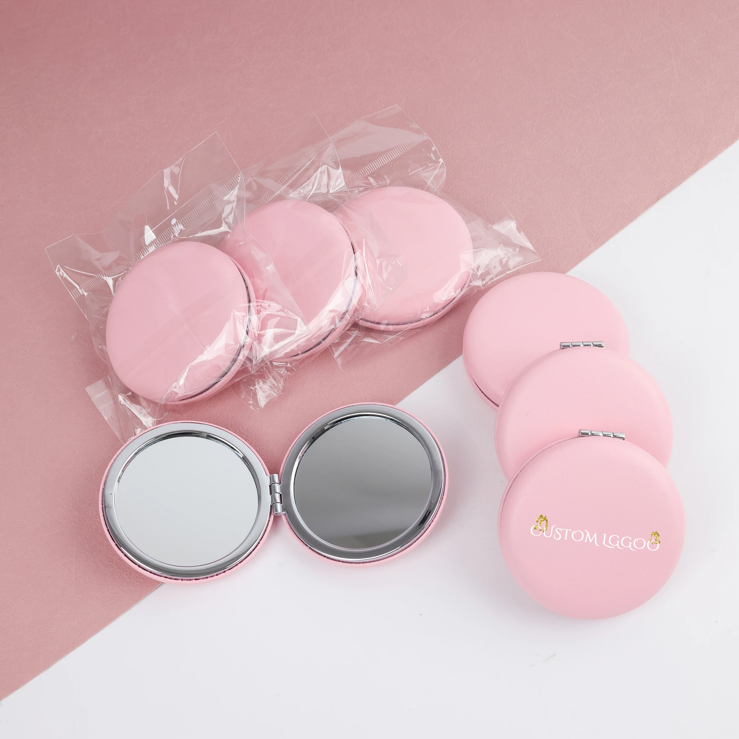 Pink personality double-sided PU mirror round pocket mirror round mini mirror girls makeup