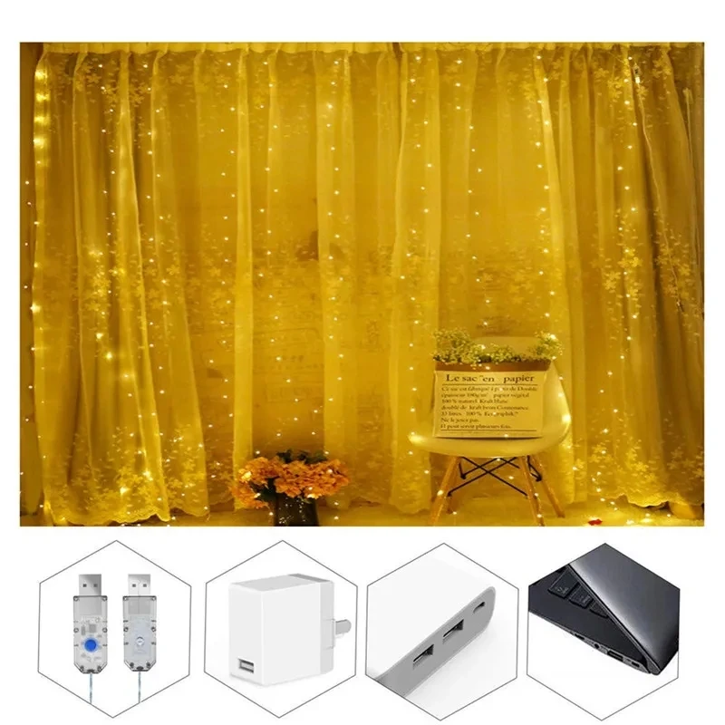 2024 New USB Remote Control 3x3 Meter Copper Wire Window Curtain Fairy Room Light LED Christmas Day String Night Light