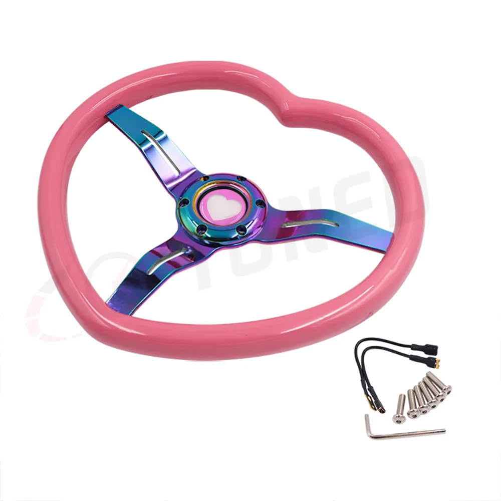 JDM Pink Heart Steering Wheel, ABS Grip, Steel, Neo Chrome, 3-Spoke 6 hole