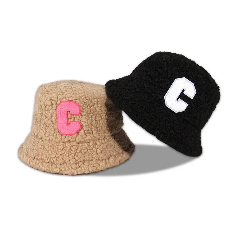 New C Letter Lamb Fur Fisherman Woman Snapscreen Plush Blank Bucket Hat