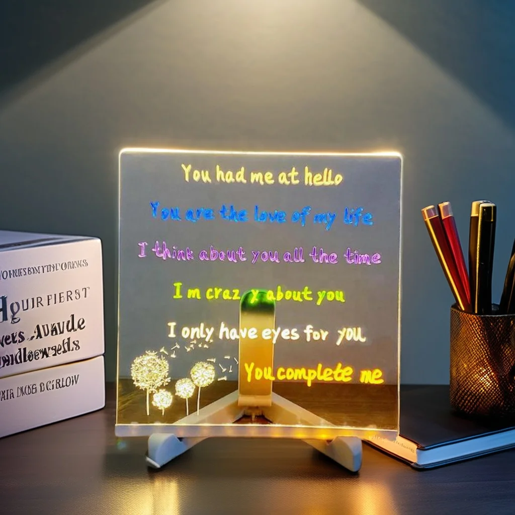 Acrylic Dry Erase Board with LED Light Rechargeable Stand round round LED Letter Message Board for Office School Home Bedroom