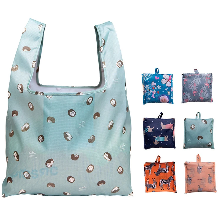 2024 New Inventions Foldable Reusable Large Capacity Food Supermarket Folding Polyester Shopping Net Tote Bag with printing