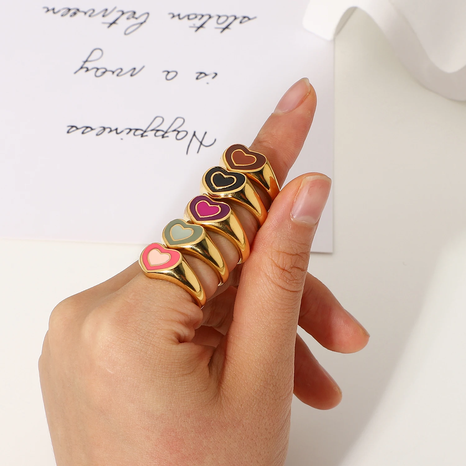 Подписчиков в Instagram красочные масло капли в виде двойного сердца из нержавеющей стали кольца из нержавеющей стали с покрытием из золота 18K кольцо в форме сердца, не сужающийся книзу массивный кольца ювелирные изделия из жемчуга для женщин