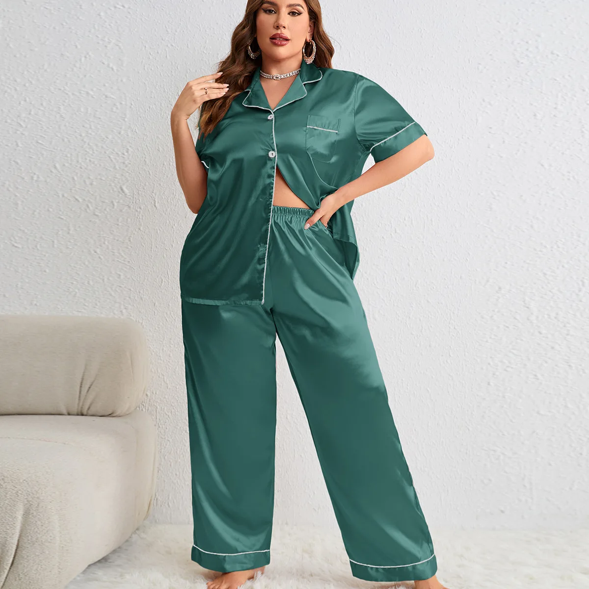 Woman silk pajamas plus size sleepwear satin long sleeve shirt trouser pyjamas larger casual home clothes XL-5XL solid
