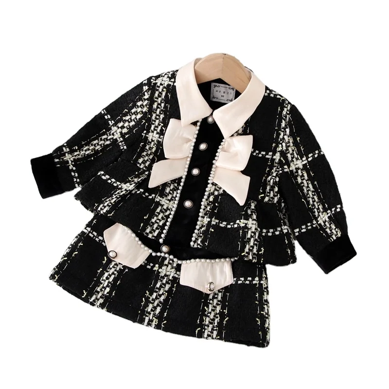 2024 Girl Fashion Plaid Jackets + Mini Skirts 2 Piece Kids Frock Girl Clothing Set Dresses Winter Set