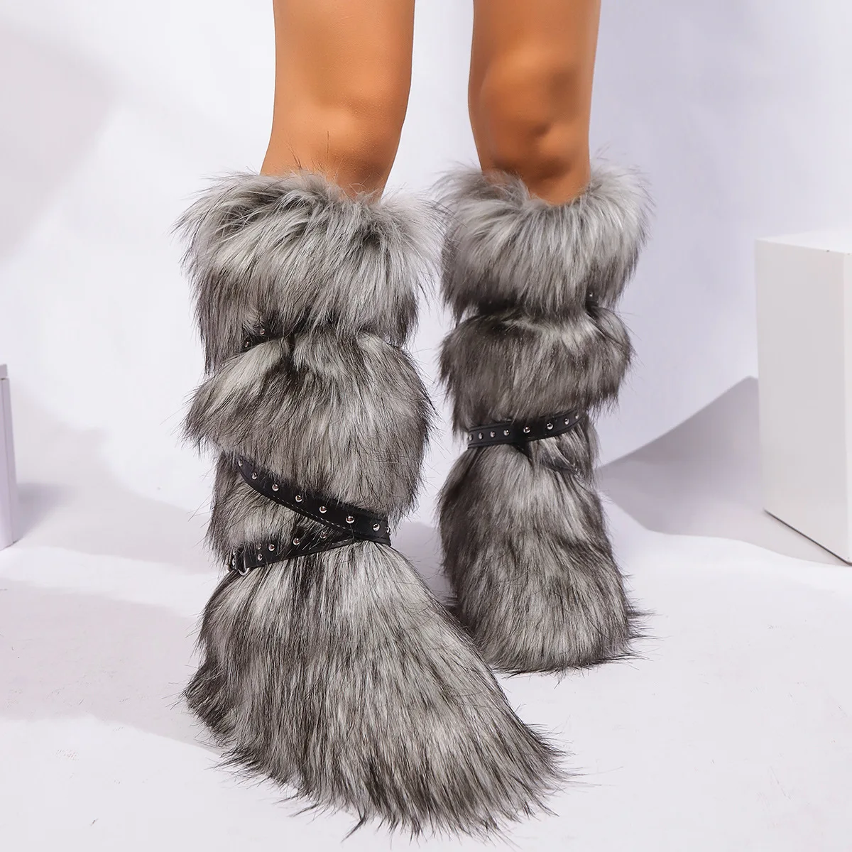BUSY GIRL HS4770 Women Knee High Boots 13 Colors Cross Belt studded Size 12 Flat Winter Snow Brown Grey Fuzzy Faux Fur Boots